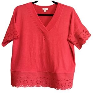Style & Co Women's Short Sleeve Top Large V Neck‎ Eyelet Coral Pullover Work